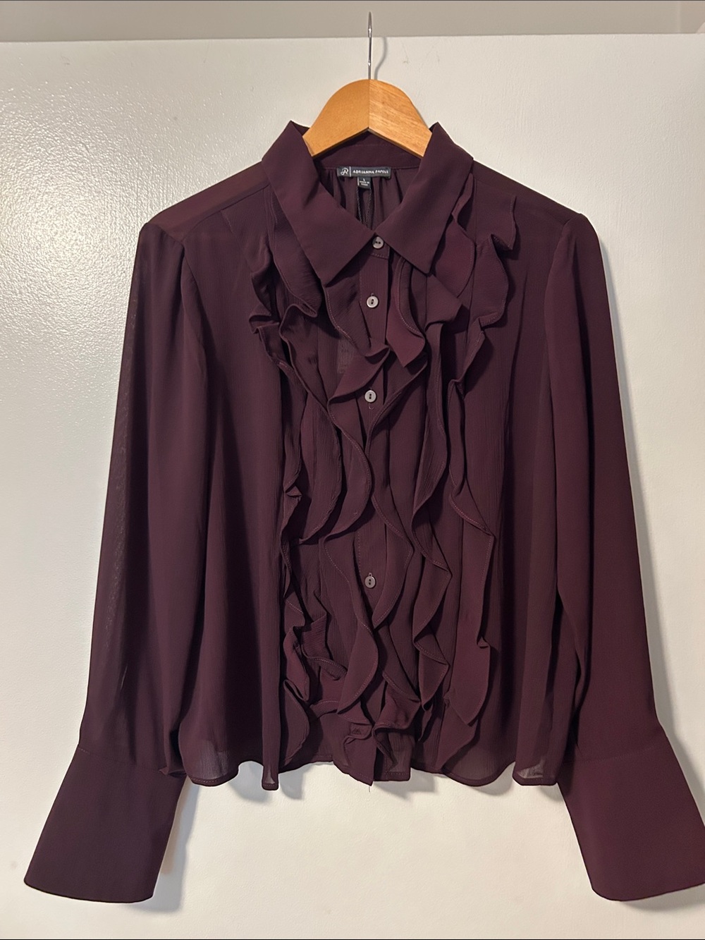 Adrianna Papell Sheer Plum Ruffle Button-Down Tuxedo Blouse
